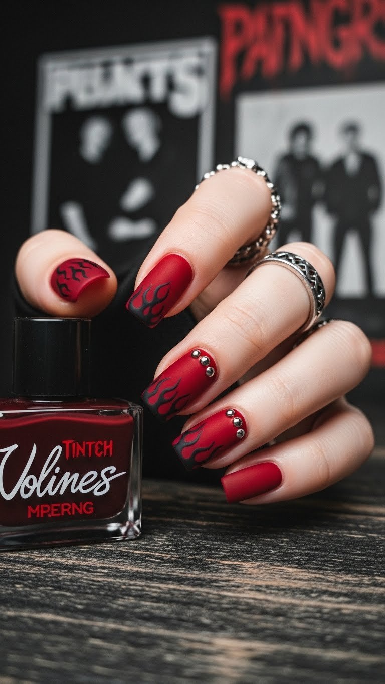 Short square nails with dark red matte base and black flame designs with silver stud embellishments