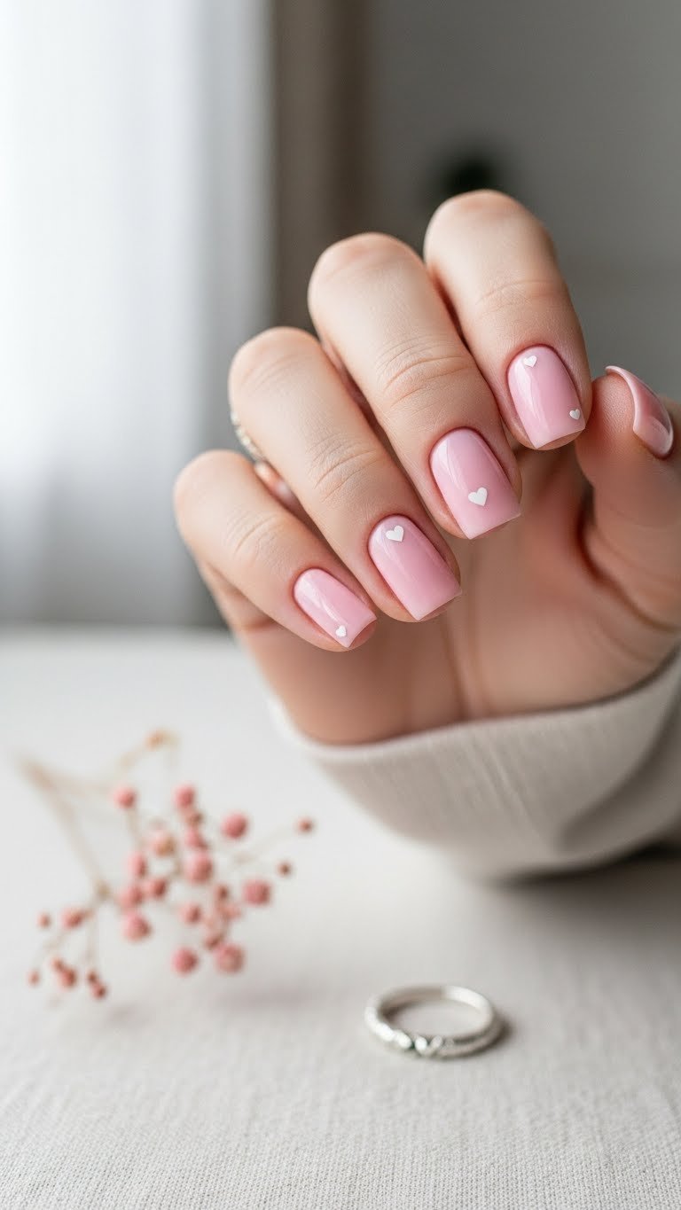 Short square pink Valentine nails with delicate white heart decals on well-manicured hand against linen backdrop