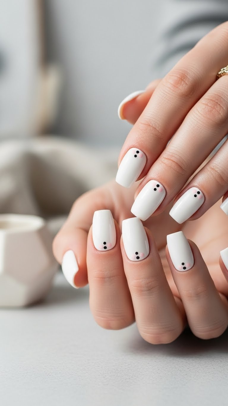 Short white coffin nails with matte finish and minimalist black or pink dot art on light grey background