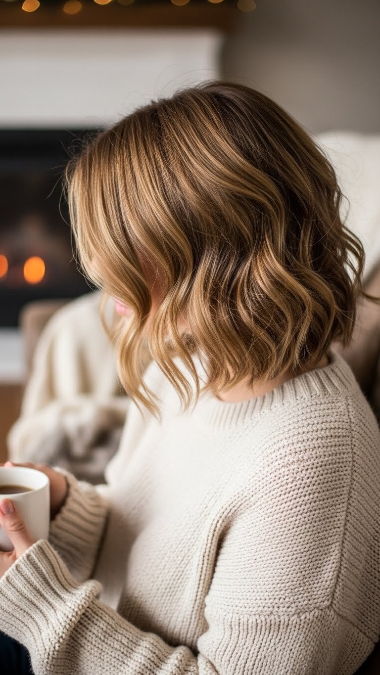Shoulder-length hair with textured waves styled in soft natural waves against a cozy knit sweater backdrop for winter aesthetic