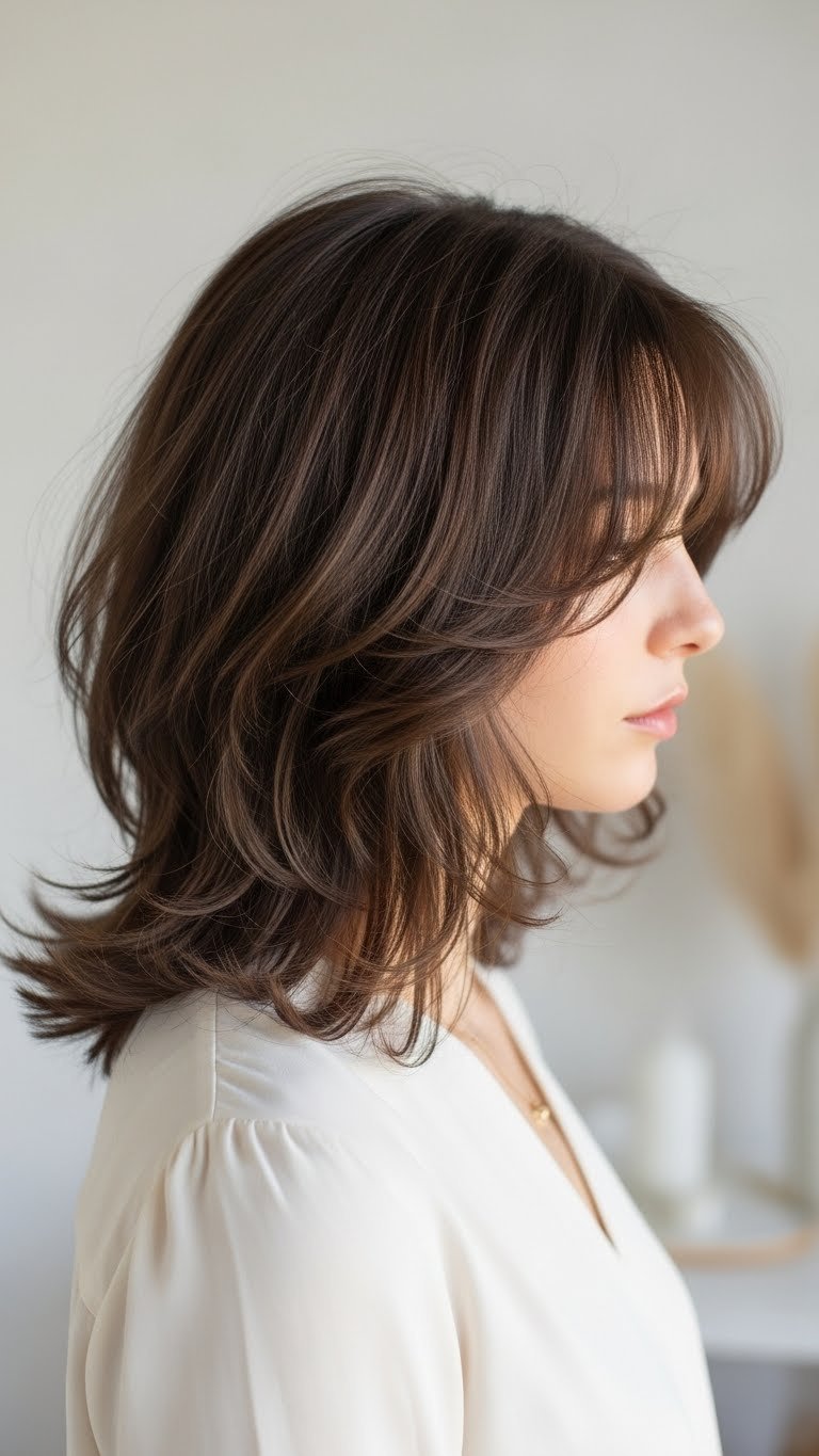 Shoulder-length layered haircut showcasing volume and movement against neutral blouse for winter hairstyle inspiration