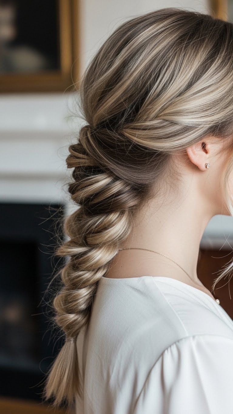 Shoulder-level profile of fishtail side braid draped gracefully over shoulder in elegant ash tones
