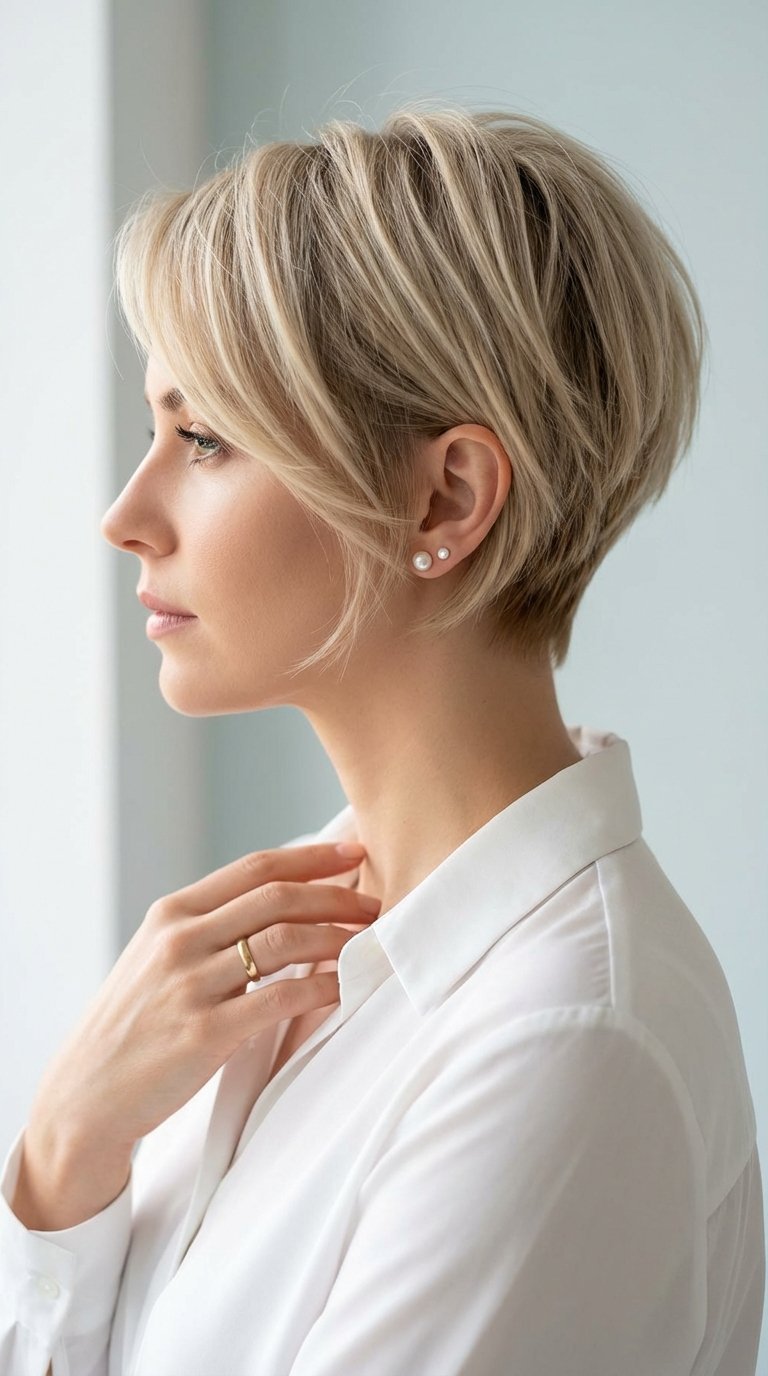 Side-profile close-up of versatile medium bixie hairstyle with tapered layers in minimalist studio