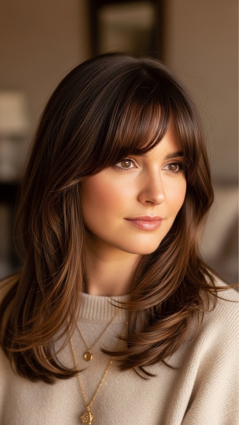 Side-swept bangs and deep side part adding crown volume for thin hair in elegant living room