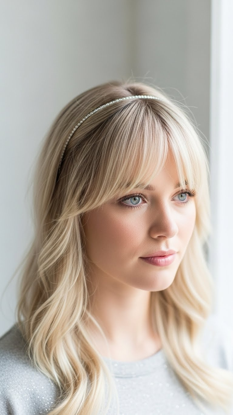 Side-swept bangs with delicate thin headband in minimalist bright environment with soft natural light.