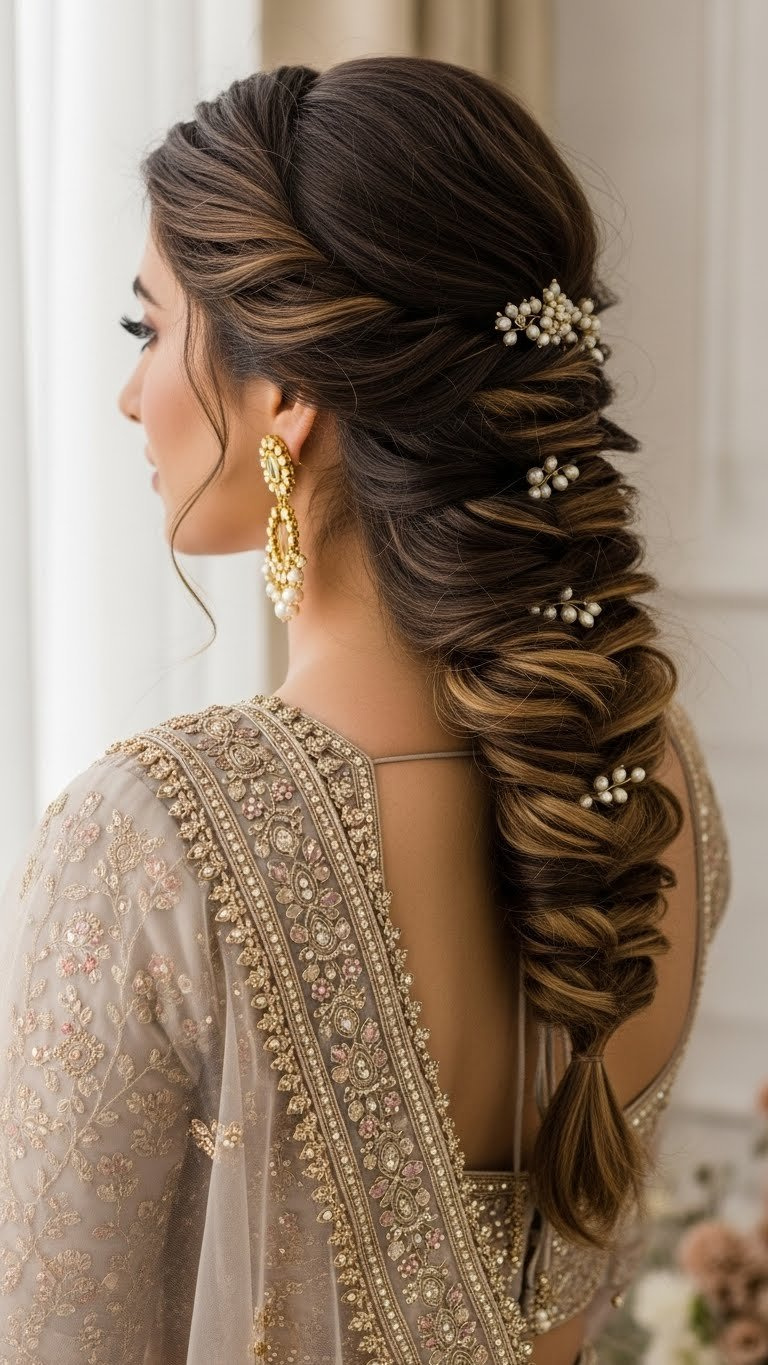 Side swept braid adorned with delicate accessories over shoulder for romantic lehenga hair style