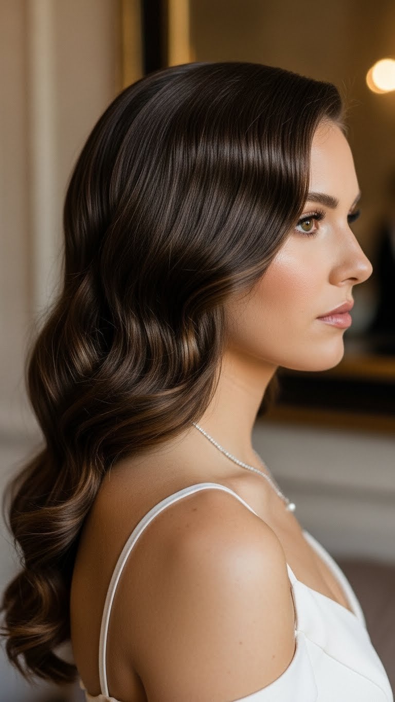 Side-swept waves hairstyle with hair jewel accessory elegantly cascading over shoulder in luxurious indoor setting