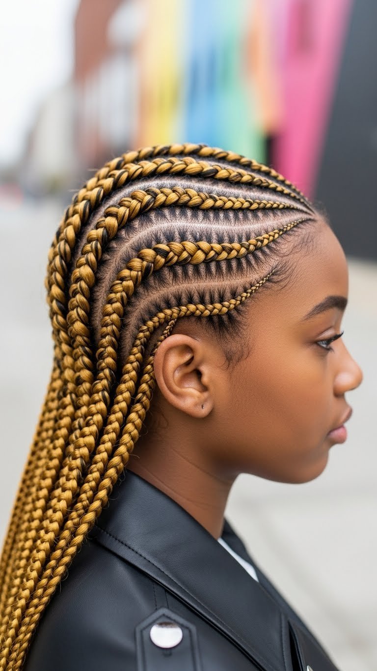 Side view of black girl with vibrant Lemonade braids featuring zigzag parts against modern urban background