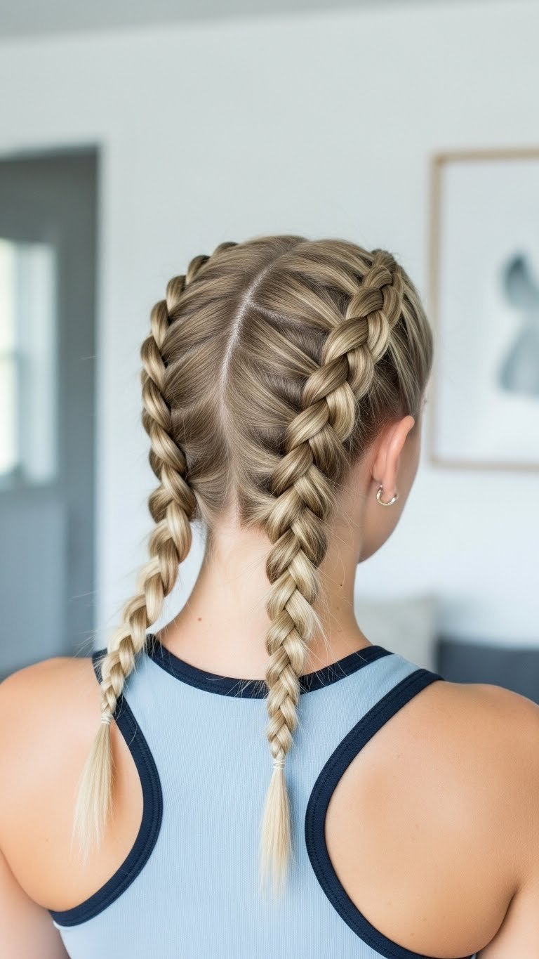 Side view of symmetrical Dutch braids hairstyle on light blonde straight hair showcasing textured segments with sporty chic appearance.