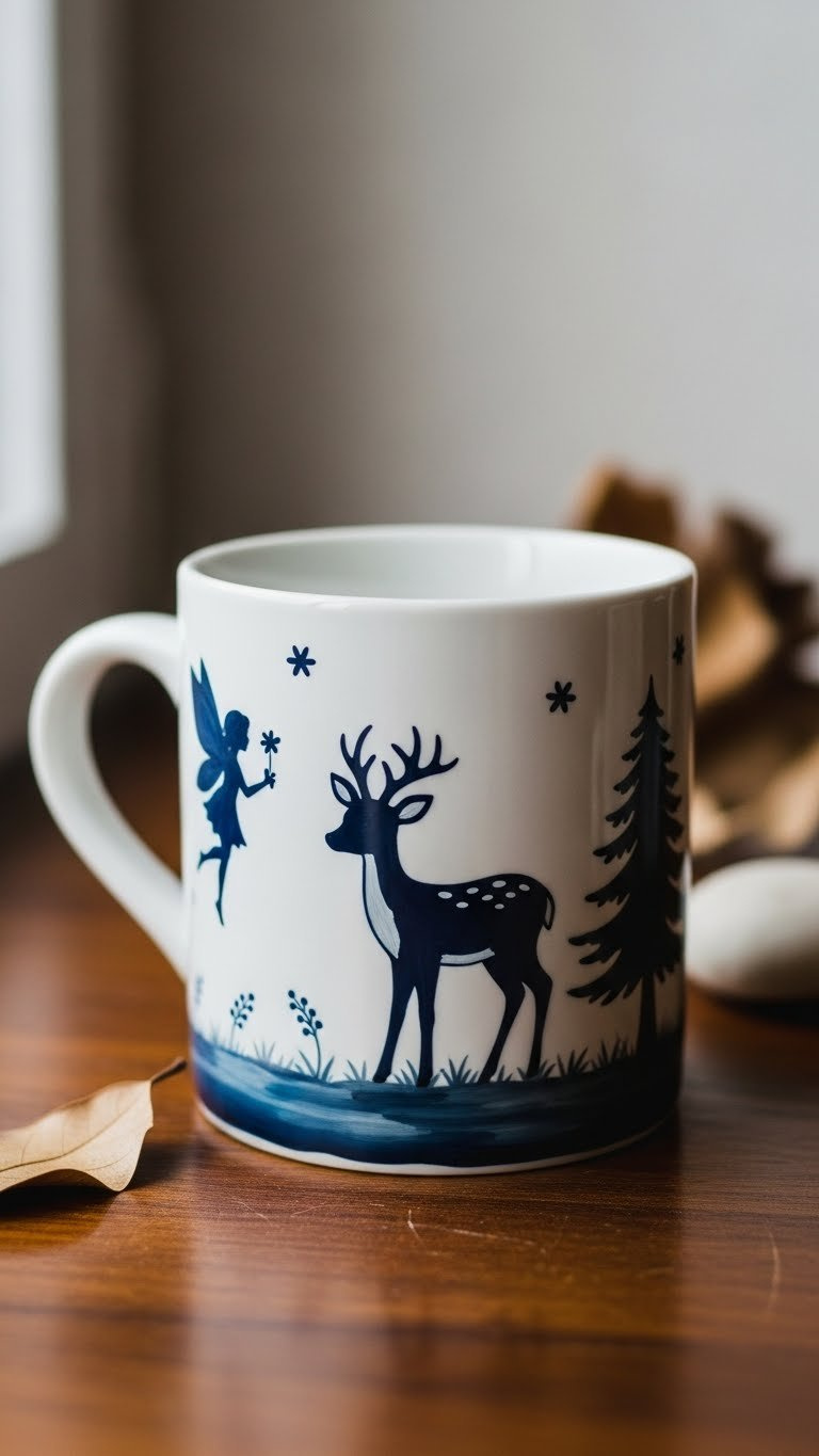 Silhouette design painted mug with crisp contrasting details on smooth wooden surface in serene natural light