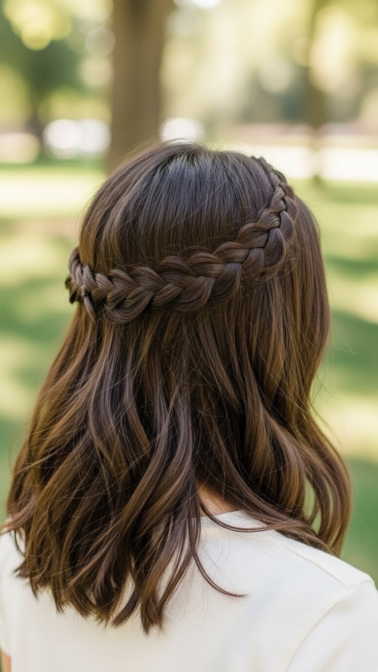 Simple braided headband hairstyle on Indian medium length hair in casual outdoor park setting