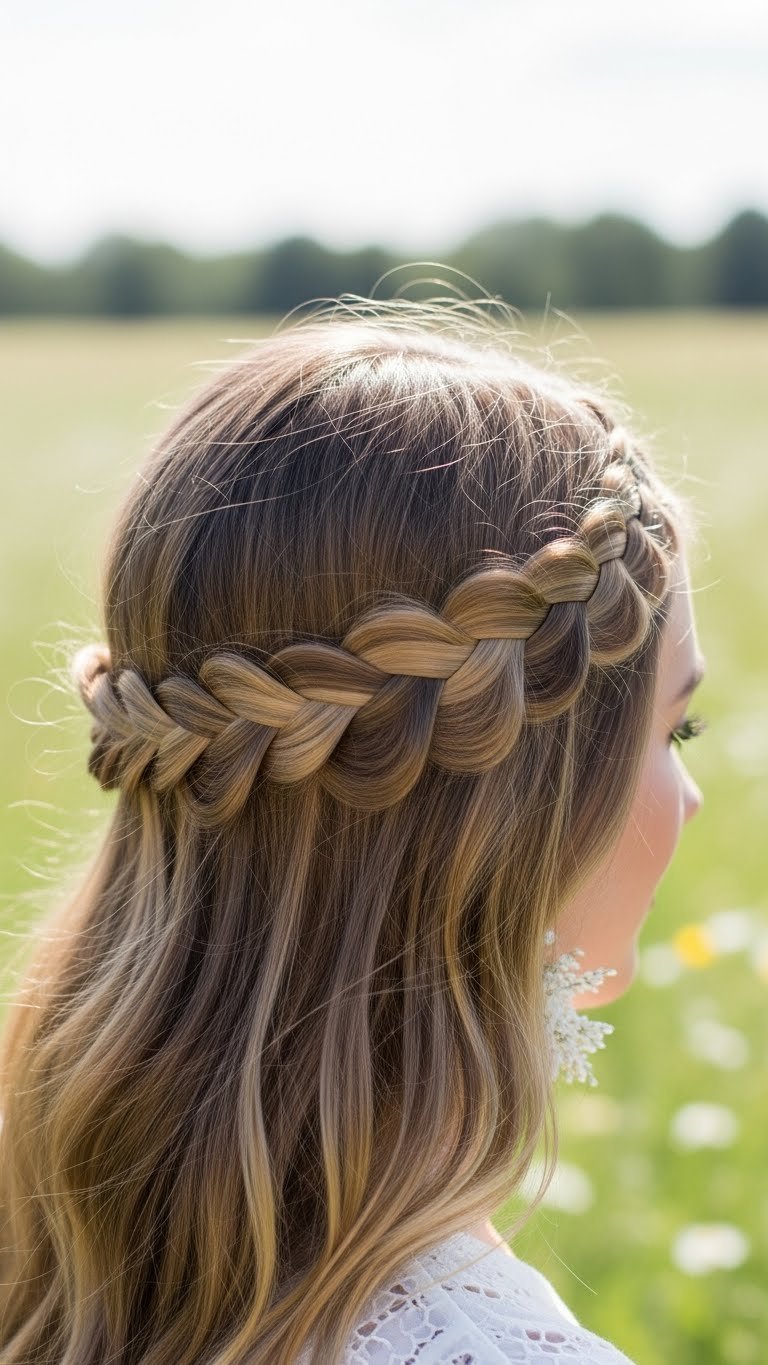 Simple braided headband hairstyle with delicate three-strand braid across crown and natural flowing hair