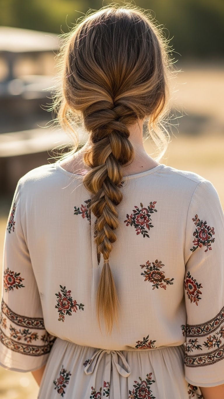 Simple loop braid hairstyle with long fine hair flowing down back against rustic outdoor background with dappled light