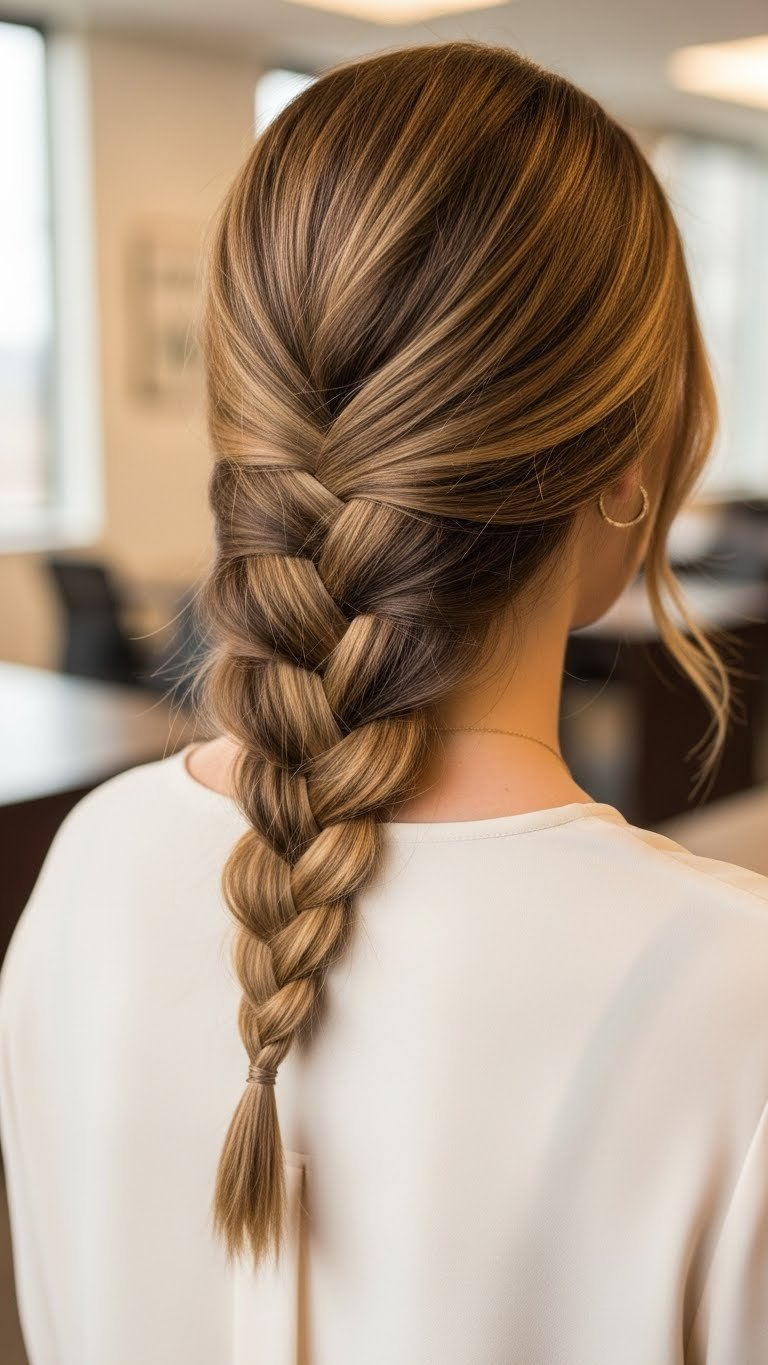 Simple side braid hairstyle flowing gracefully over shoulder with smooth non-messy finish in modern office interior.