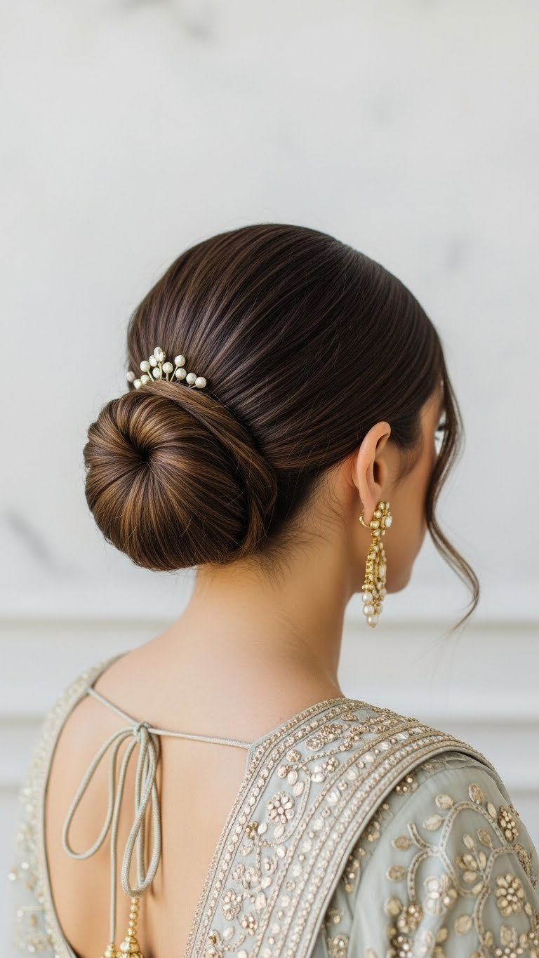 Simple top knot bun adorned with elegant jeweled pins for sophisticated lehenga hairstyle
