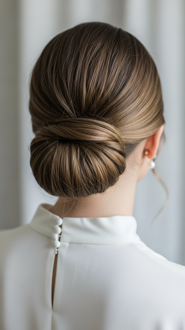 Simple twisted low bun hairstyle with minimalist pearl earrings against neutral wall backdrop