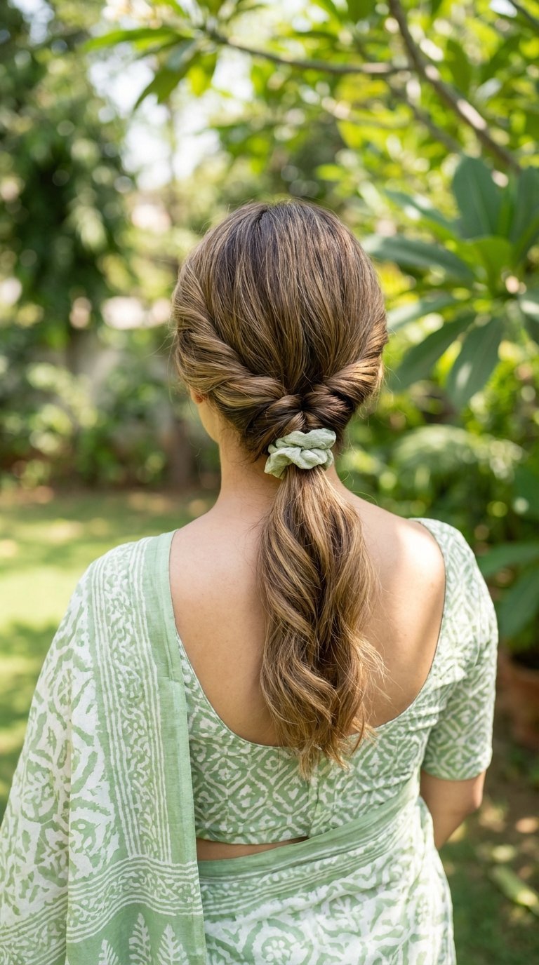 Simple twisted ponytail hairstyle with natural texture and cotton saree for casual day wear
