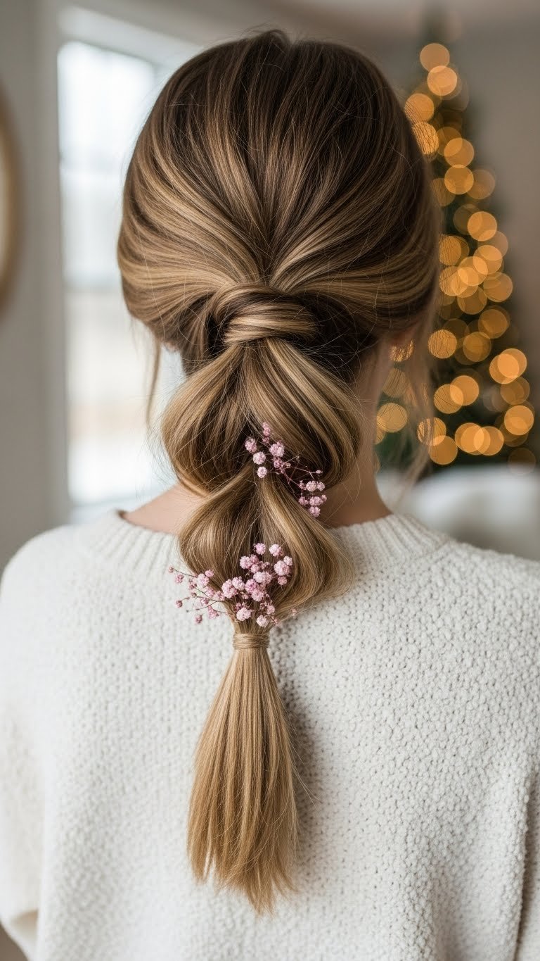 Simple twisted pull-through ponytail creating fuller intricate look with soft effortless drape