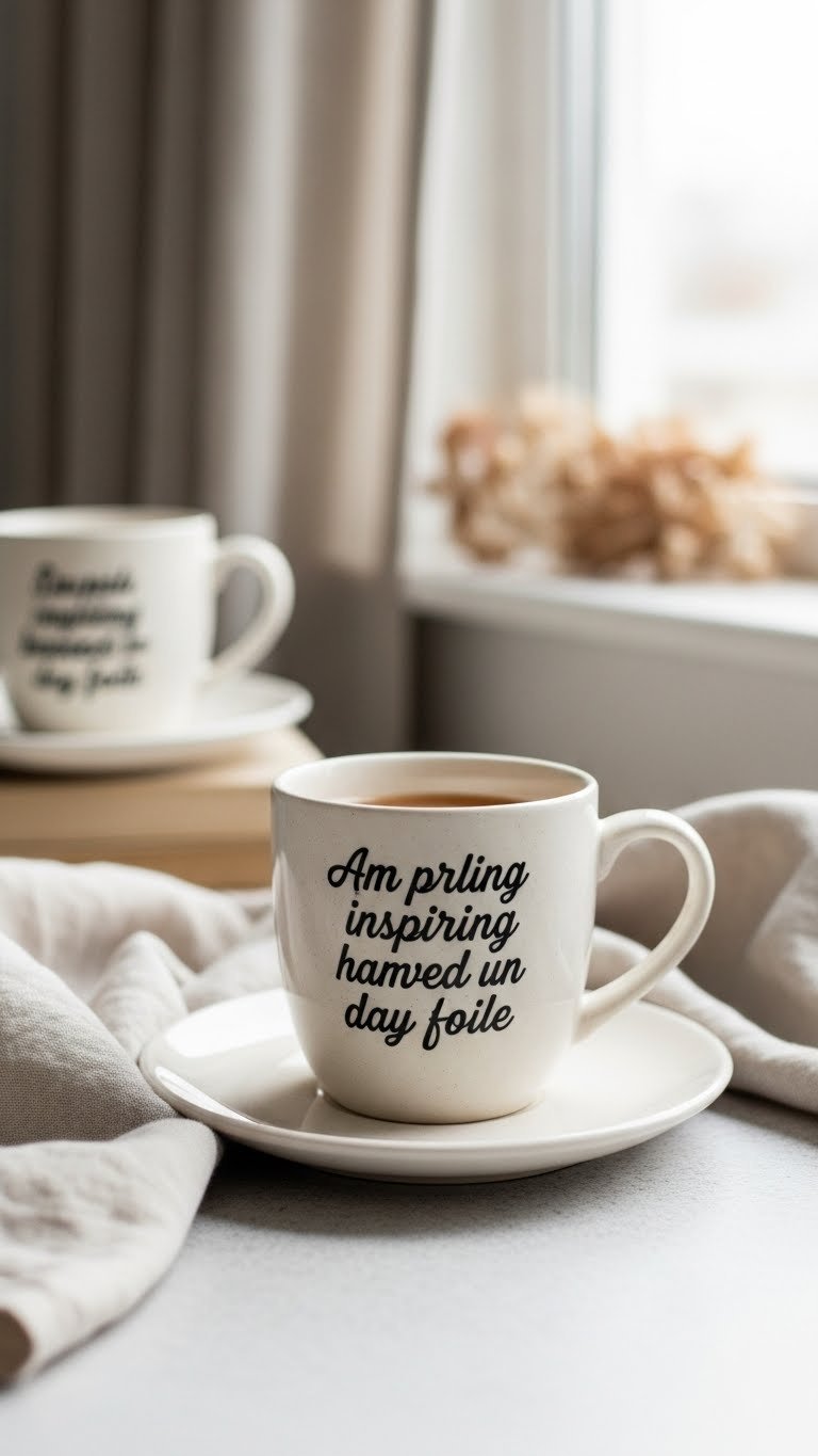 Single painted coffee mug with crisp stenciled inspiring quote centered on ceramic saucer with warm cozy atmosphere.