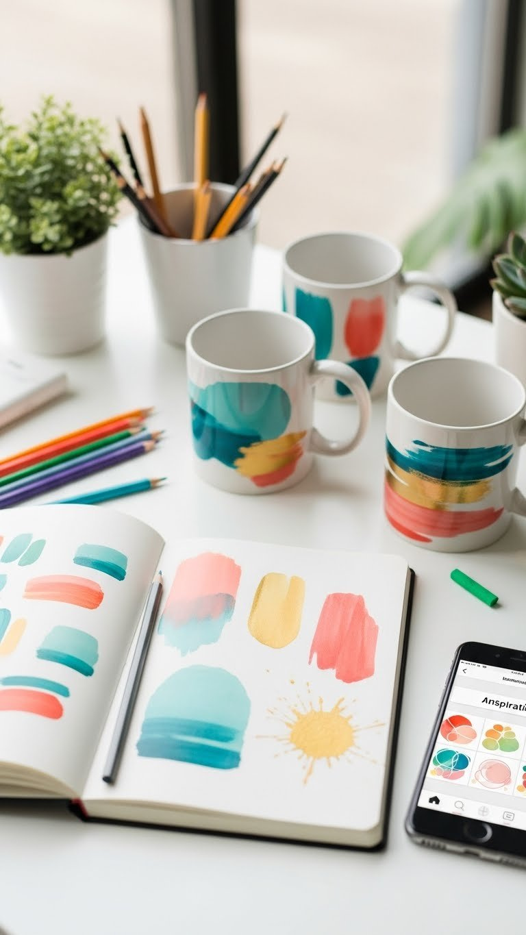 Sketchbook with abstract designs alongside vibrant painted mugs arranged on clean white desk workspace
