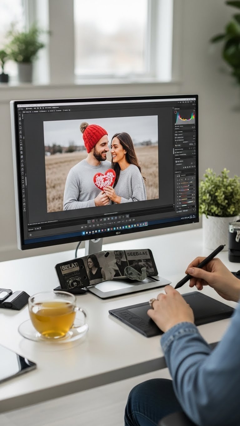 Skilled photographer meticulously editing Valentine's mini session photos on high-resolution color-calibrated monitor