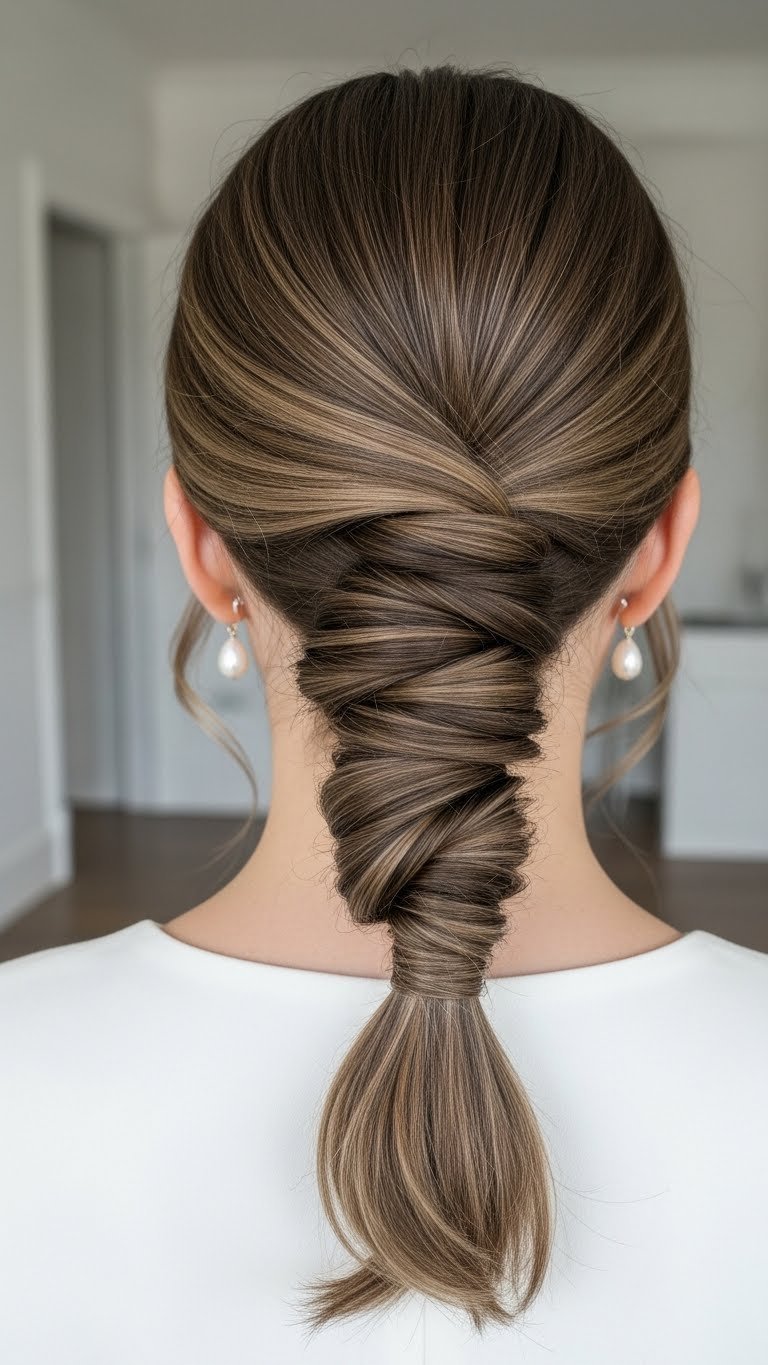 Sleek French twist updo hairstyle with polished precision on medium length straight hair in bright daylight.