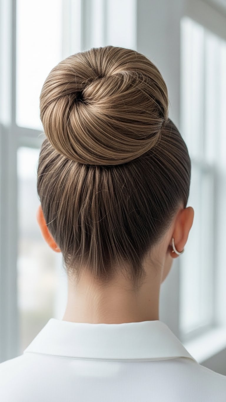 Sleek ballerina bun hairstyle positioned high on crown with polished surface for professional formal finish