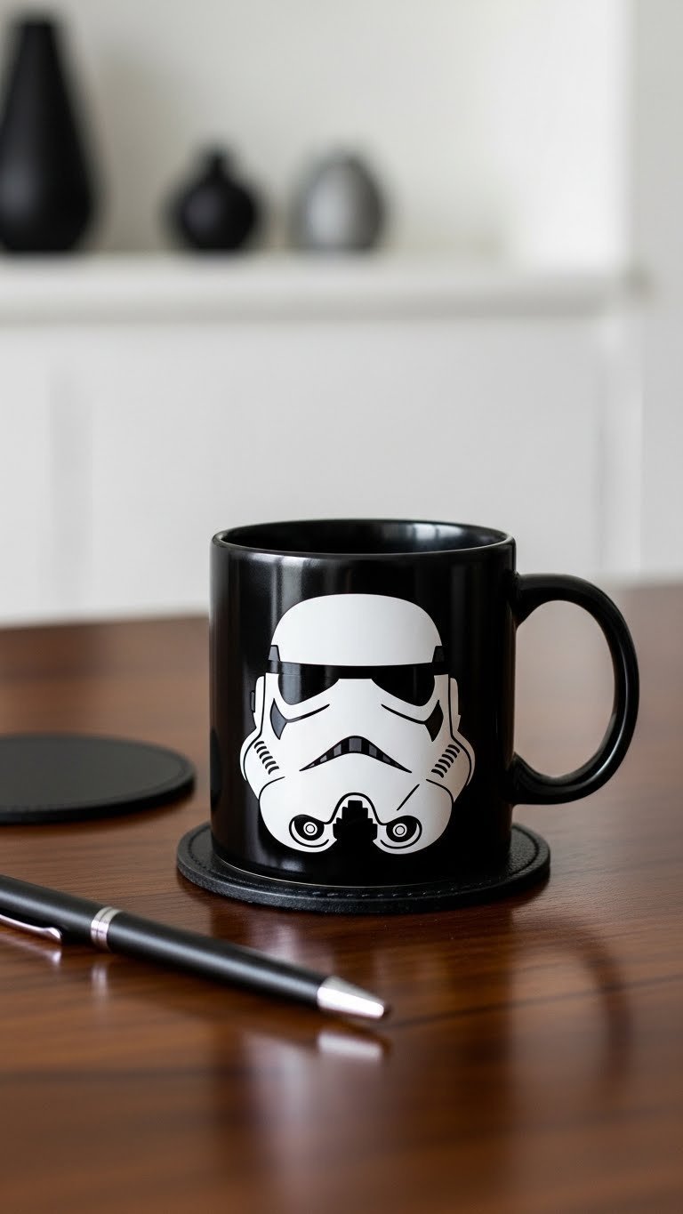 Sleek black ceramic mug with bold white stormtrooper helmet design on polished dark wood table