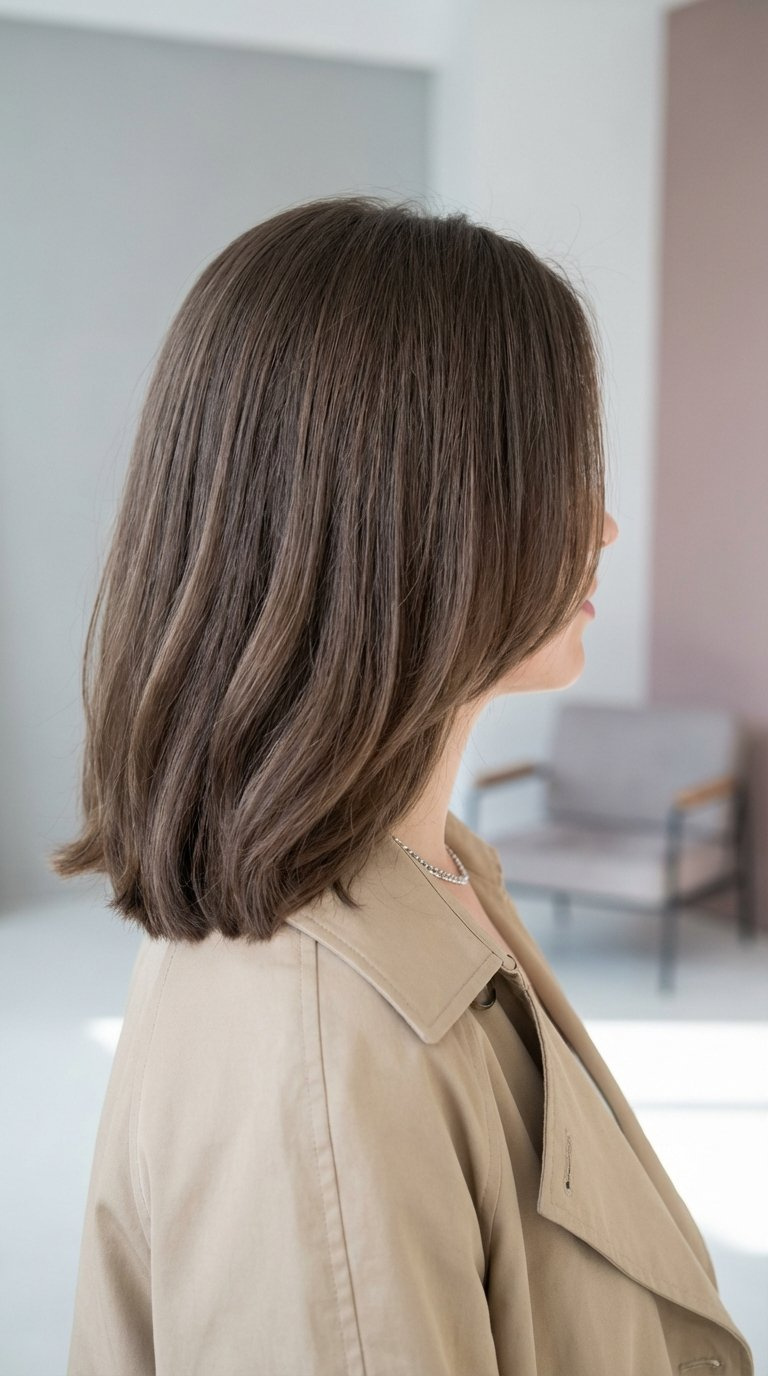 Sleek blunt cut medium hair with internal layers creating thickness and movement in elegant studio setting