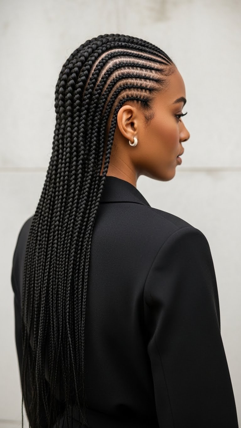 Sleek box braids protective style on 4C hair with clean parts against serene natural landscape backdrop