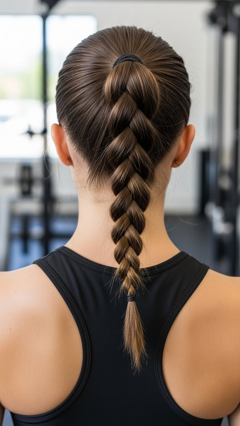 Sleek braided ponytail transitioning from smooth ponytail to three-strand braid in modern gym environment