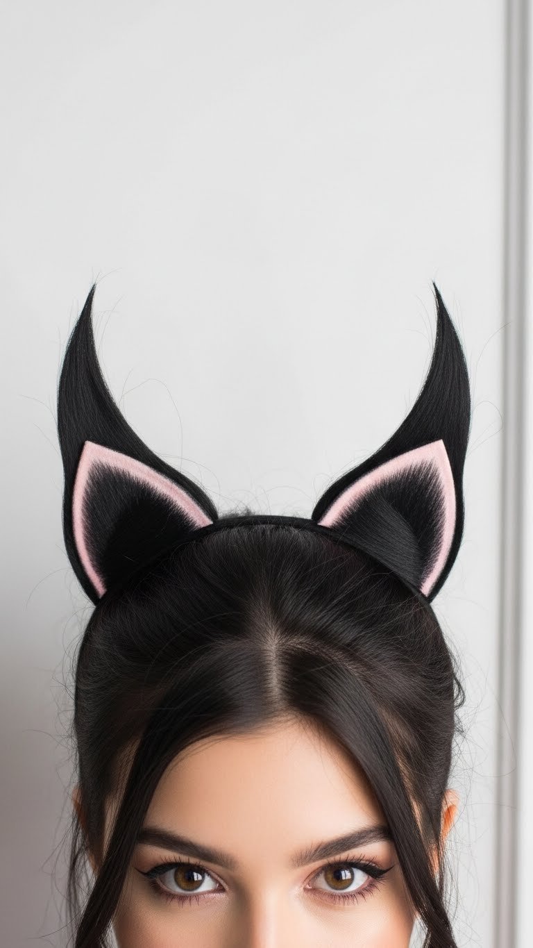 Sleek cat ears hairstyle sculpted from shiny black hair against neutral light backdrop