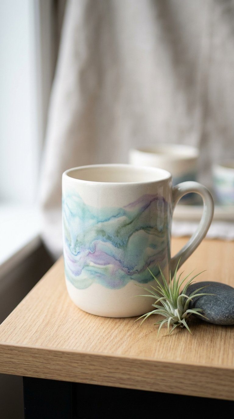 Sleek ceramic mug with abstract watercolor ocean swirls in blended blues and greens on light wooden desk