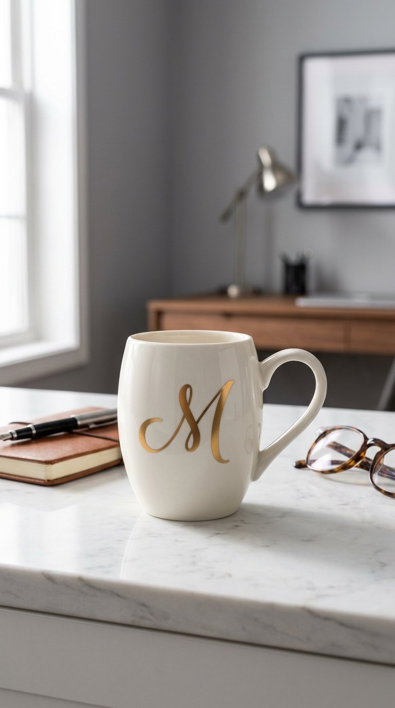 Sleek ceramic mug with gold monogram initial on polished marble countertop in minimalist office setting