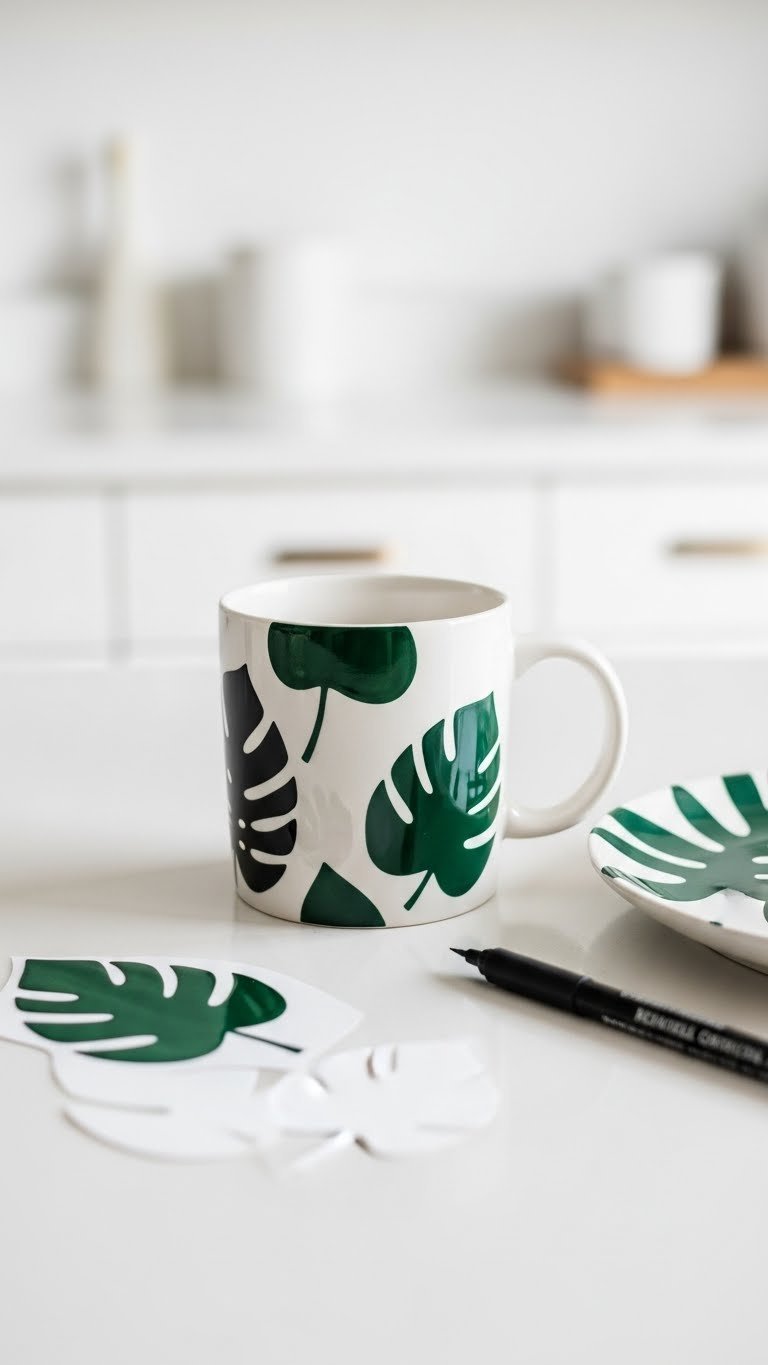 Sleek ceramic mug with minimalist leaf silhouettes in black against white background on pristine countertop
