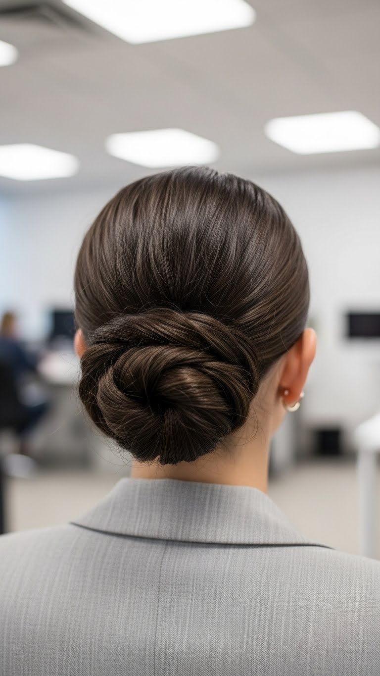 Sleek flat twist updo on medium-length textured hair with clean lines and elegant contained shape.