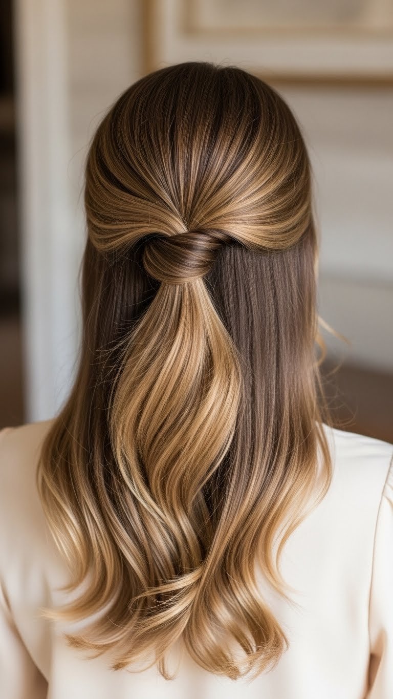 Sleek half-up half-down hairstyle with intricate twist on medium length hair in elegant interior lighting