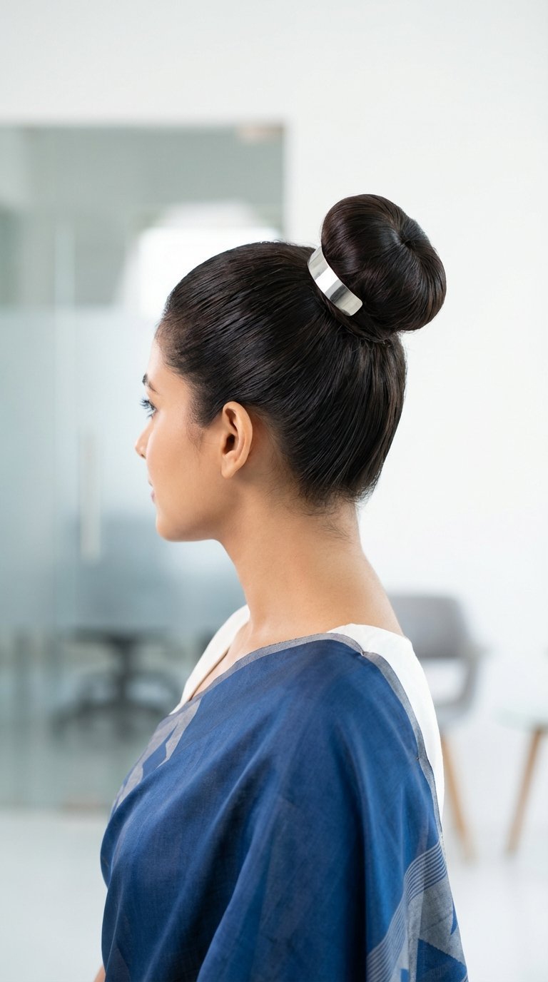 Sleek high bun hairstyle with polished finish and minimalist accessories for professional saree styling