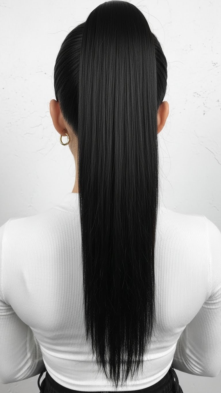 Sleek high ponytail 90s hairstyle with bouncy tail on dark-haired model in minimalist studio