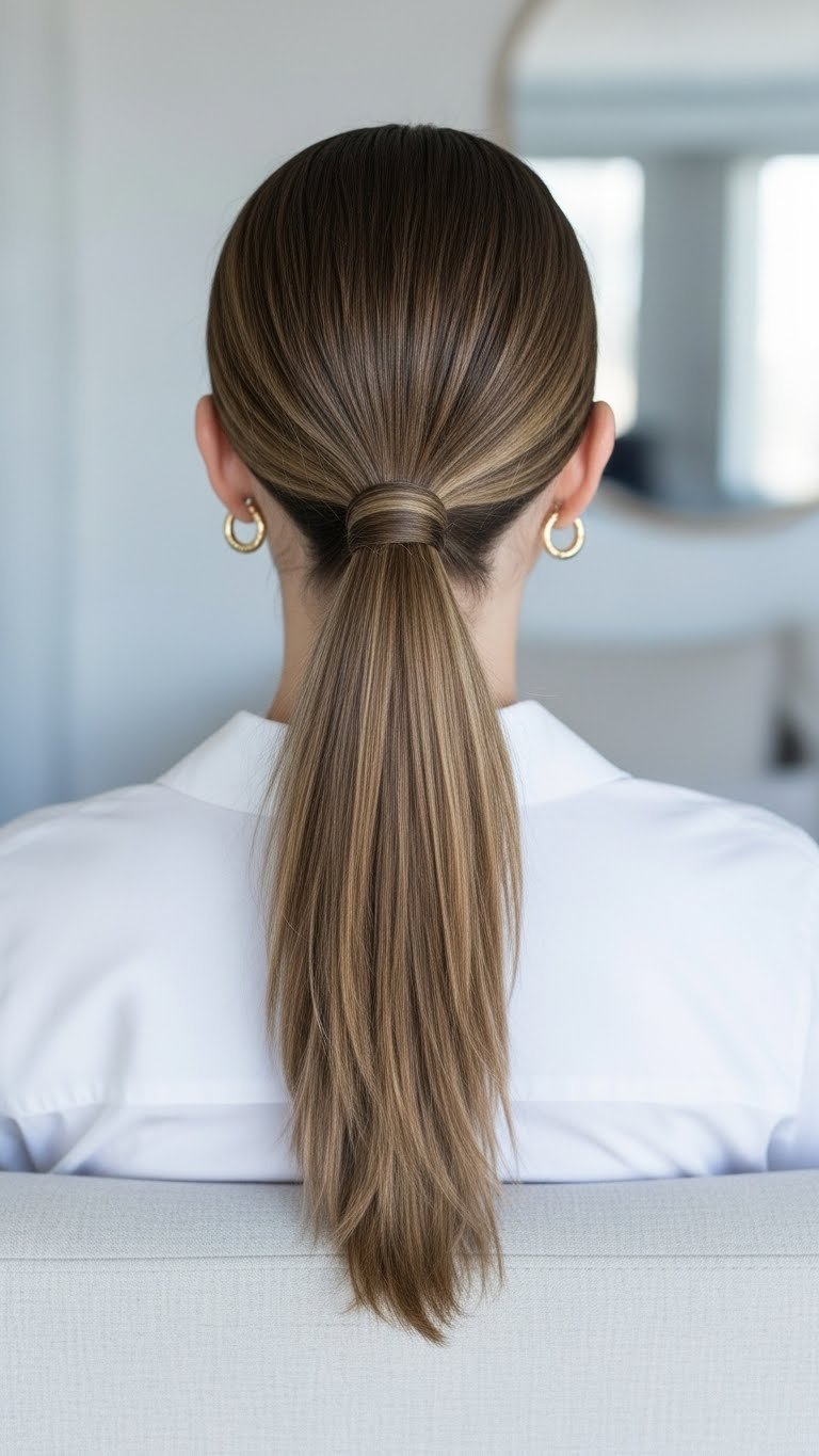 Sleek high ponytail hairstyle on straight medium length hair pulled tightly back from face