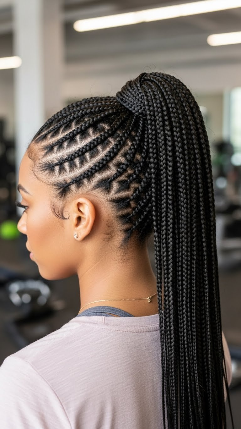 Sleek high ponytail knotless braids hairstyle on athletic model in bright gym setting