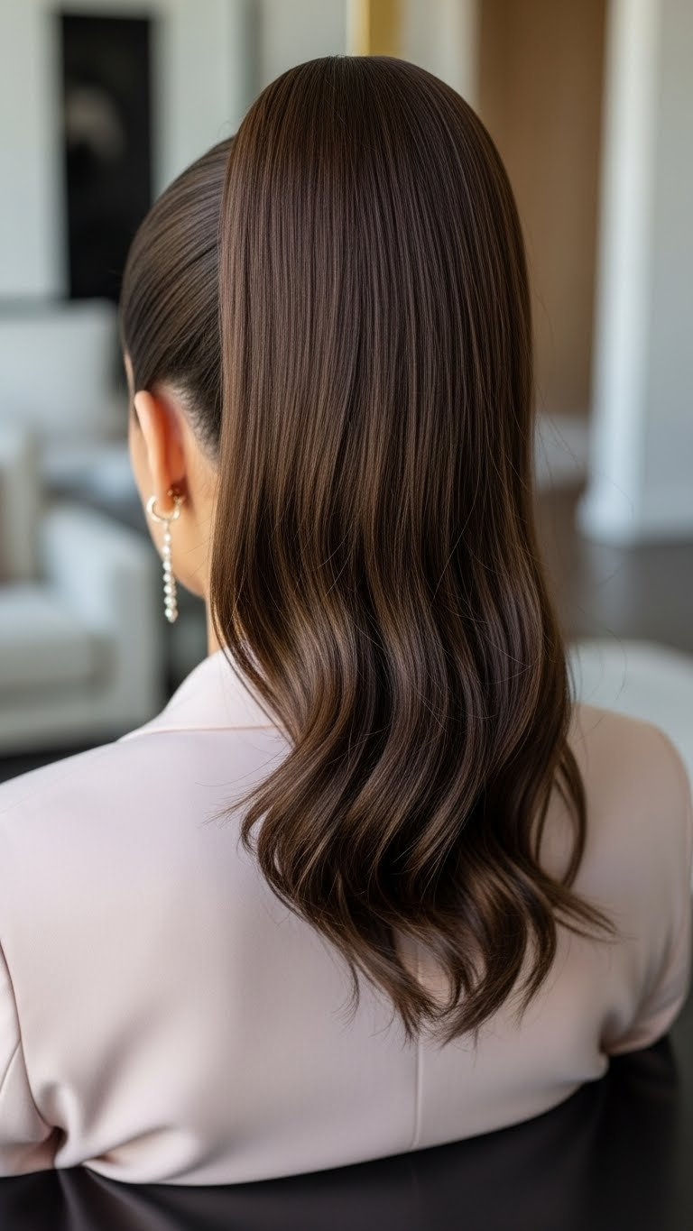 Sleek high ponytail on medium length Arab hair showcasing natural shine and thick volume with polished finish