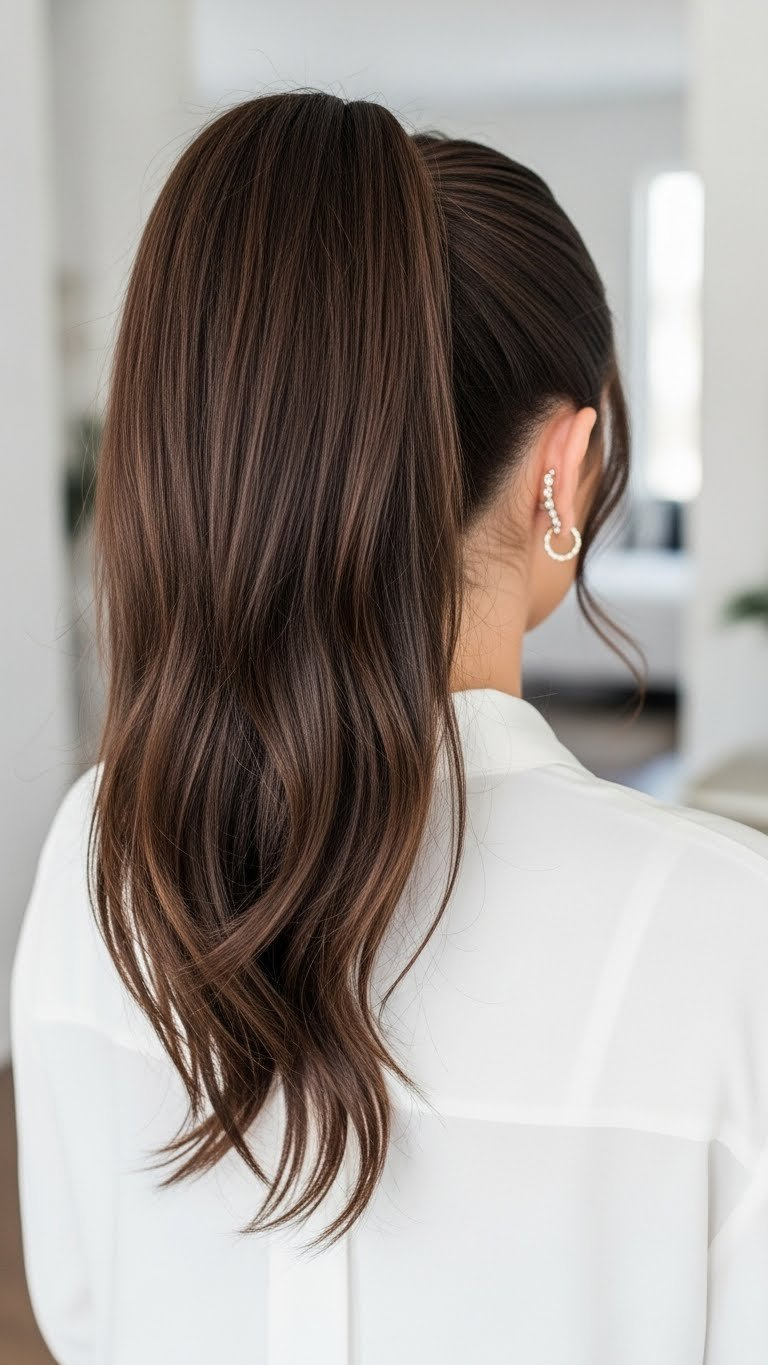 Sleek high ponytail with glossy finish on medium length hair against soft minimalist backdrop with natural daylight