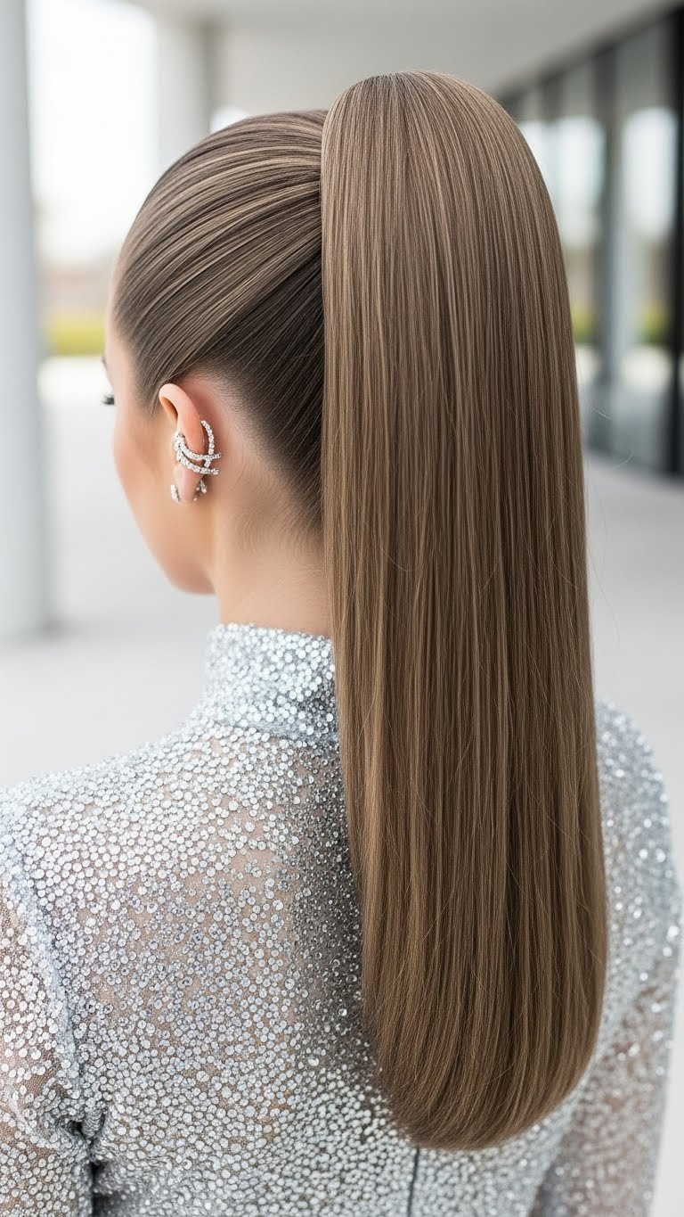 Sleek high ponytail with polished finish cascading down back in minimalist modern space