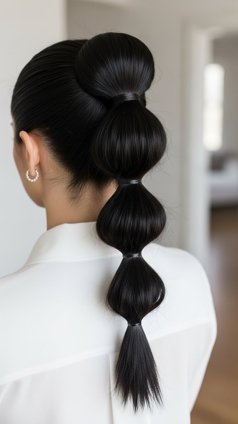 Sleek high ponytail with smooth dark hair showcased in professional lifestyle photography against soft bokeh background