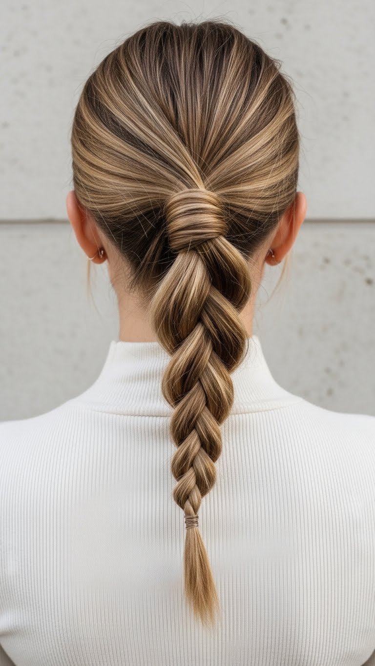 Sleek low braided ponytail hairstyle with three-strand braid detail on medium length hair against neutral backdrop