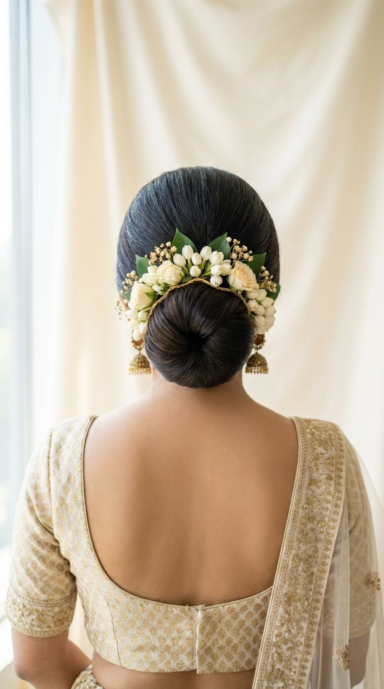 Sleek low bun adorned with fresh flowers positioned at the nape for elegant lehenga bridal hairstyle