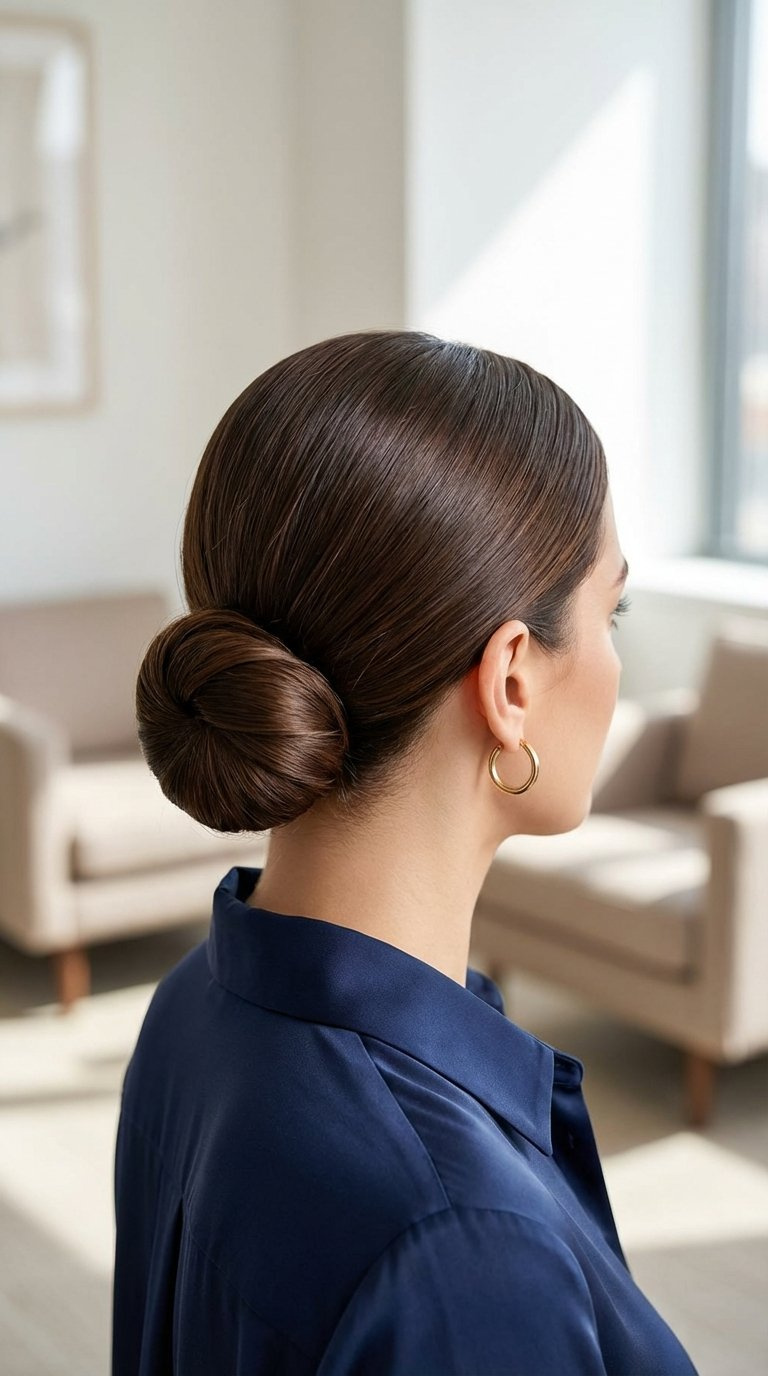 Sleek low bun hairstyle neatly tucked at nape for polished fall medium hair style