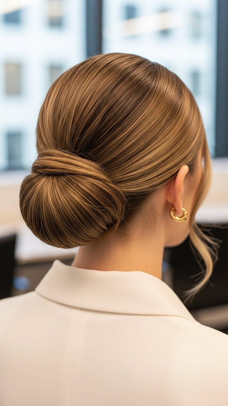Sleek low bun hairstyle on medium-length hair with glossy texture and elegant placement at nape of neck in professional office setting.