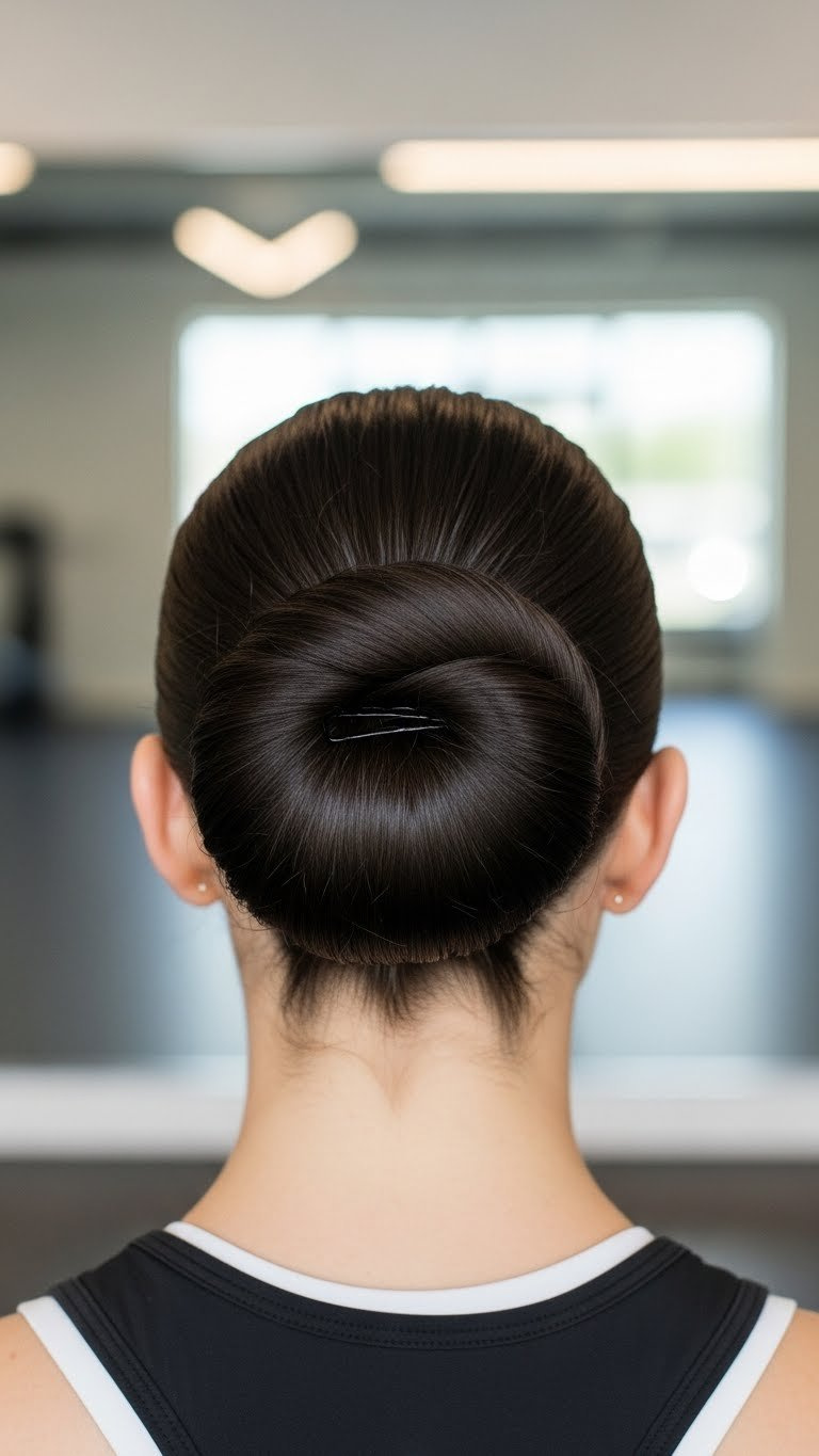 Sleek low bun hairstyle positioned at nape of neck with polished finish in elegant yoga studio setting